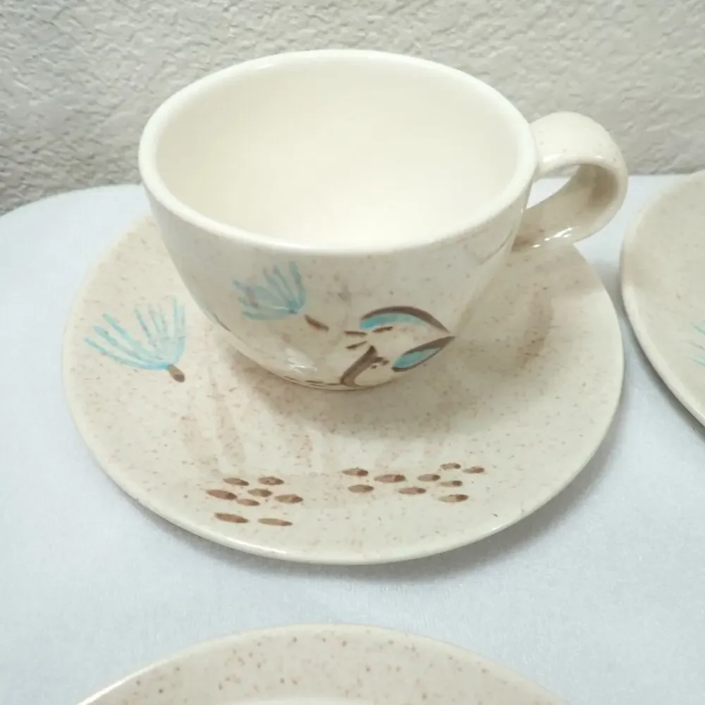 Red Wing Bob White Quail 10 Cup Saucer Sets MCM Hand Painted Pottery Vintage